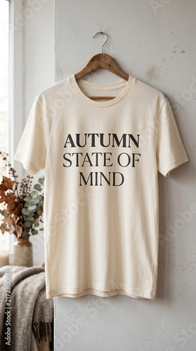 Beige cotton tshirt with autumn state of mind text hanging on a wooden hanger