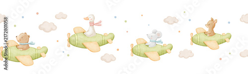 Seamless border with cute animals flying vintage plane with clouds. Childish characters goose and bear for kids. Watercolour sky illustrations on isolated background, baby repeating design