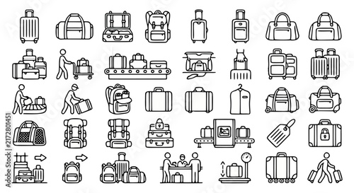 Travel luggage line icons set, 40 baggage and suitcase vector symbols, airport terminal check-in and tourism equipment illustrations