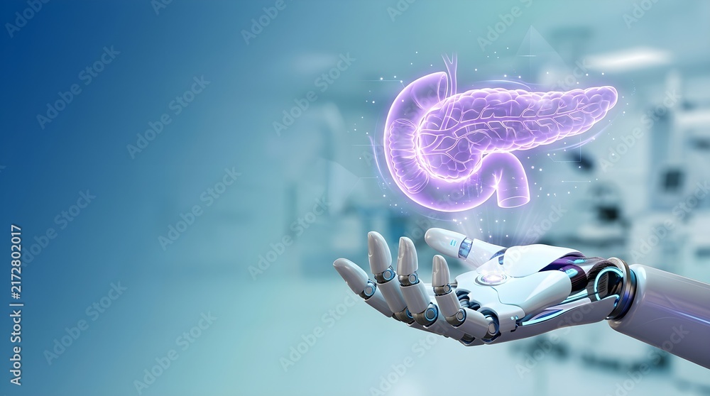 Obraz premium Robotic Hand Presenting Glowing Hologram of Human Pancreas for AI Medical Diagnostic Technology 