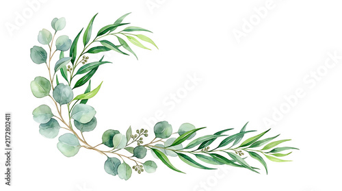 Watercolor eucalyptus branches border leaves green