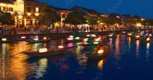 Time lapse of timelapse of Hoian Old town in Hoi An city, Da Nang province, Vietnam. Panoramic riverside of Ancient town, UNESCO world heritage. One of the most travel popular touristic destinations 