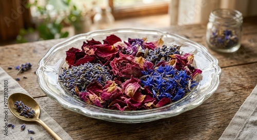 Vibrant dried flower and herb potpourri mix in a decorative glass bowl on a rustic wooden surface