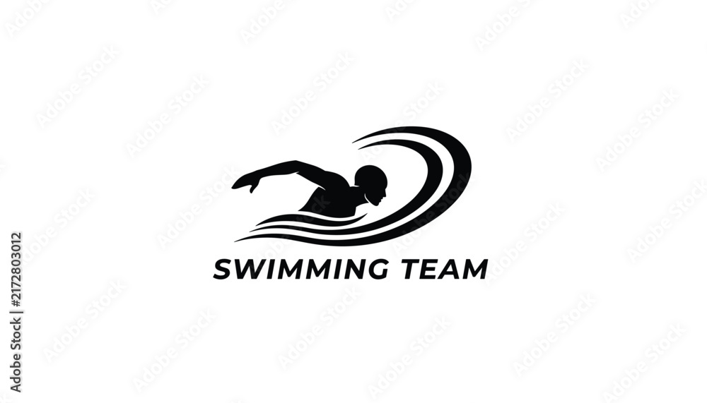 Obraz premium Swimming team logo design featuring a black silhouette of an athlete swimming through stylized waves on a clean white background for sports.