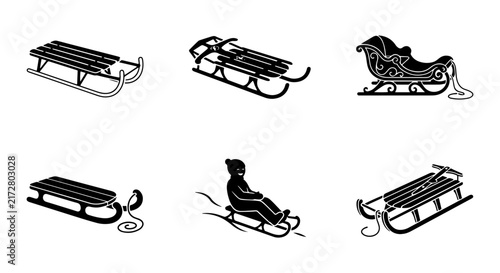 Canvastavla Winter Sled Icons, Snow Toboggan Graphics, Classic Sleigh Vector Set