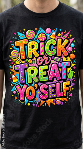 Person wearing a black tshirt with a colorful trick or treat Halloween graphic print