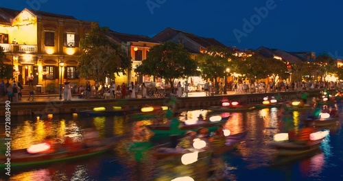 Time lapse of timelapse of Hoian Old town in Hoi An city, Da Nang province, Vietnam. Panoramic riverside of Ancient town, UNESCO world heritage. One of the most travel popular touristic destinations 
