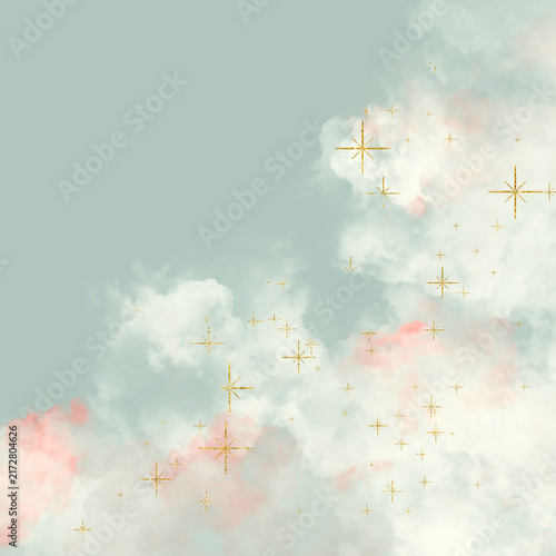 Pastel Clouds and Gold Stars Background