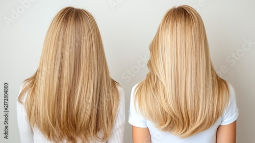 Blonde Hair Before and After Styling: Two views showcase a woman's blonde hair, highlighting a comparison between a straight, sleek style and a more voluminous, wavy look.