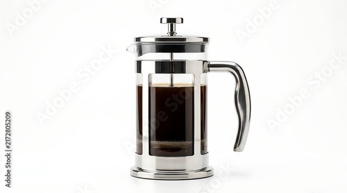 Glass French press coffee maker with metal frame isolated on white background