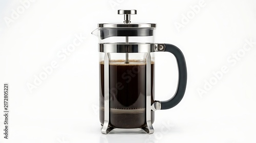 French press coffee maker with freshly brewed dark coffee isolated on white background