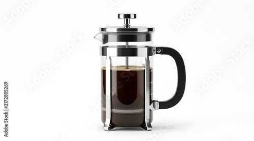 Glass French press coffee maker with black handle isolated on white background