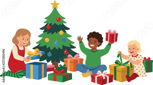 Children excitedly opening colorful gifts beside a decorated Christmas tree