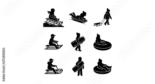 Fotografie Winter Fun Silhouettes: Sledding, Tubing, Snowboarding Icons for Seasonal Graphi
