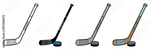 Photography Ice Hockey Stick Icon Illustrations with Puck in Outline, Silhouette, Hand Drawn