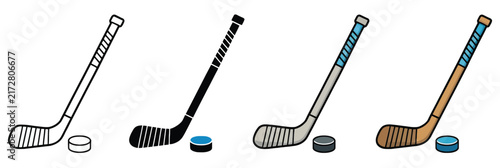 Photography Ice Hockey Stick Icon Illustrations with Puck in Outline, Silhouette, Hand Drawn