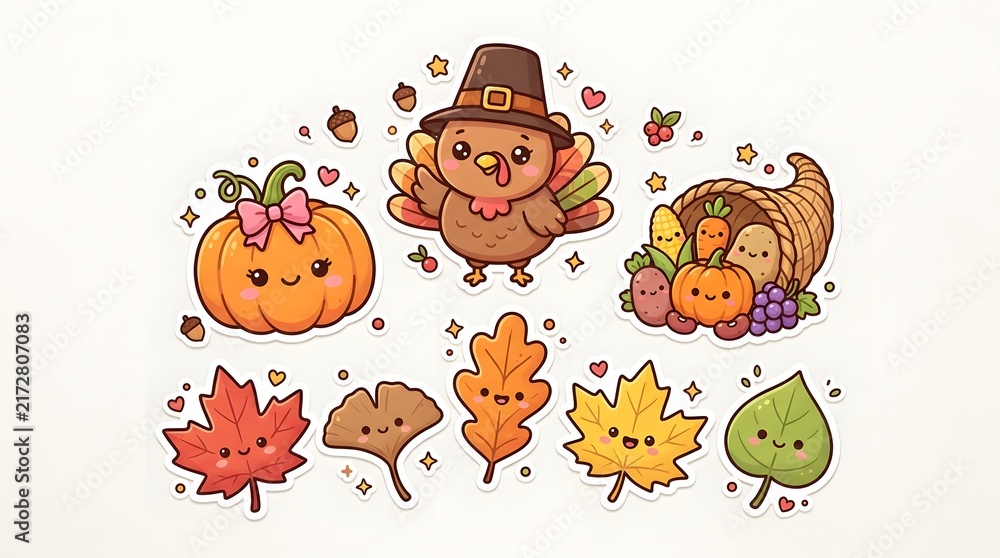 Obraz premium Cute thanksgiving sticker set with turkey, pumpkin, cornucopia, and autumn leaves isolated on white background