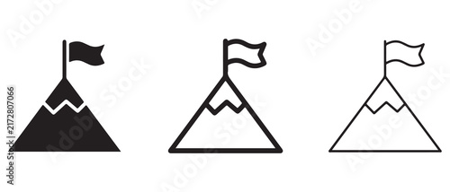 mountain summit icons with flag symbols for travel or adventure themes isolated on transparent background