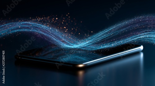 Glowing blue and magenta digital data streams swirl above a sleek smartphone, representing innovation and technology for future network connectivity