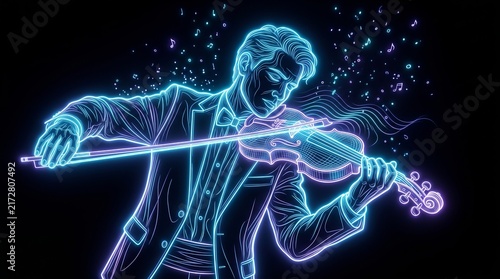 Neon violin player in glowing blue and purple lines, musician performing classical music, futuristic violin concert illustration