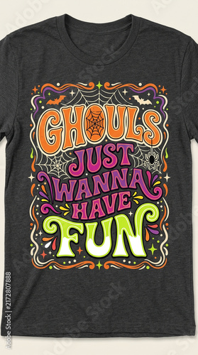 Dark grey tshirt featuring a colorful retro Halloween typography graphic print with fun spooky elements