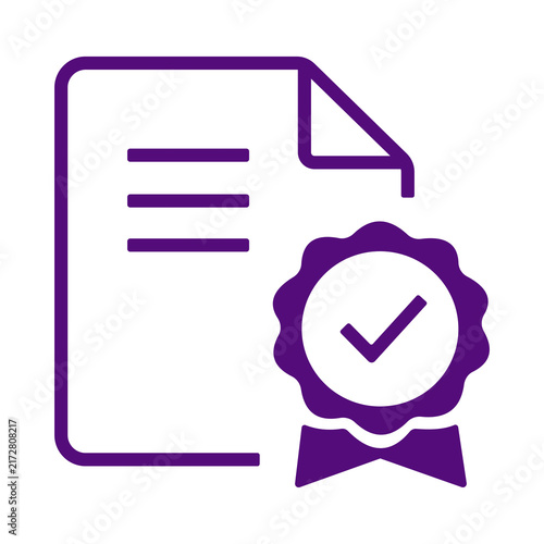 Purple document icon with a certified quality seal and checkmark transparent background