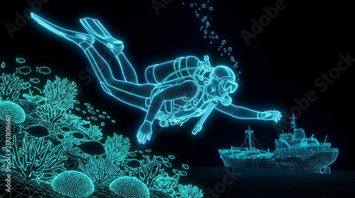 Futuristic neon scuba diver hologram, glowing blue wireframe underwater scene, digital diver exploring coral reef and shipwreck