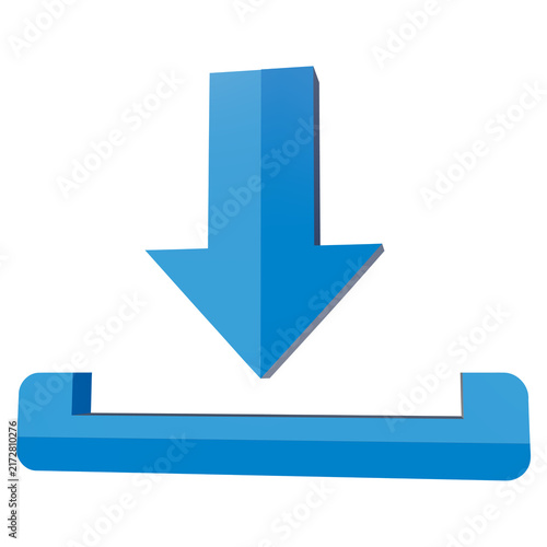 3D blue download featuring a vertical arrow pointing downward to a horizontal bar Transparent background