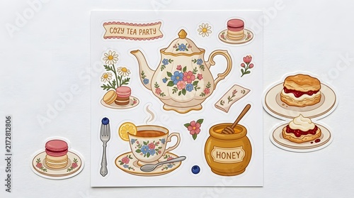 Cozy tea party decorative sticker sheet with floral teapot on transparent background