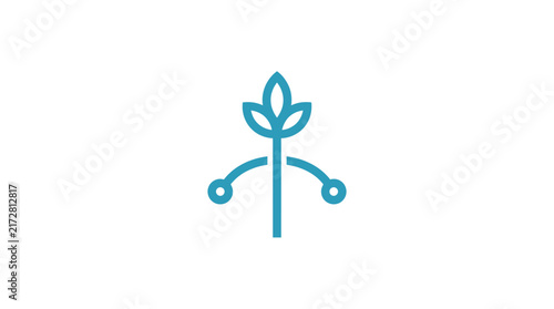 A minimalist blue icon depicting a stylized plant sprout on a white background