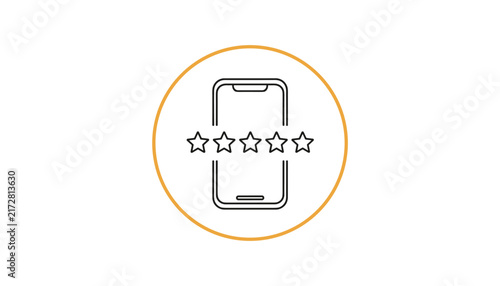 Simple line icon showing five stars review across mobile phone screen within a thin gold circular frame.