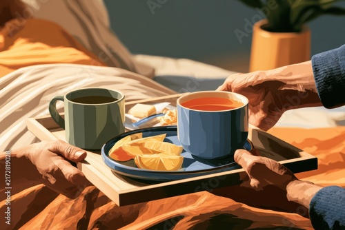 Caring hands deliver tea and fresh fruit breakfast to a person resting in bed