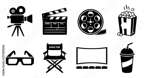 Black and white movie cinema icons set illustration