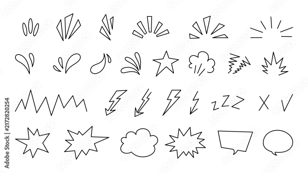 Fototapeta premium Comic book design element set lightning burst sweat drops star speech bubbles sound effects on transparent background isolated, hand drawn outline vector illustration collection