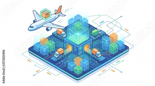 Global Logistics Network with Airplane and Trucks Delivering Packages via Tech Hub