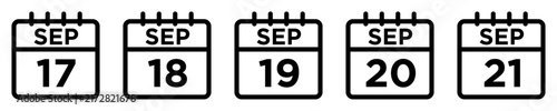 Set of five September calendar icons showing dates seventeen to twenty one in line style.