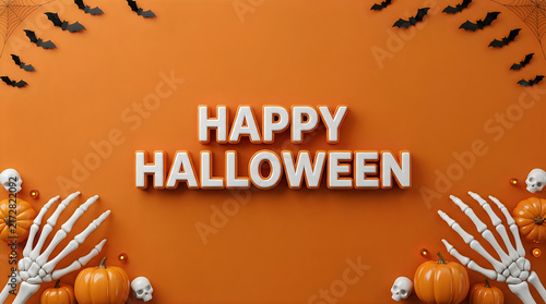 Halloween greeting card with 3D text, spooky skeleton hands and pumpkins on orange background, festive holiday banner