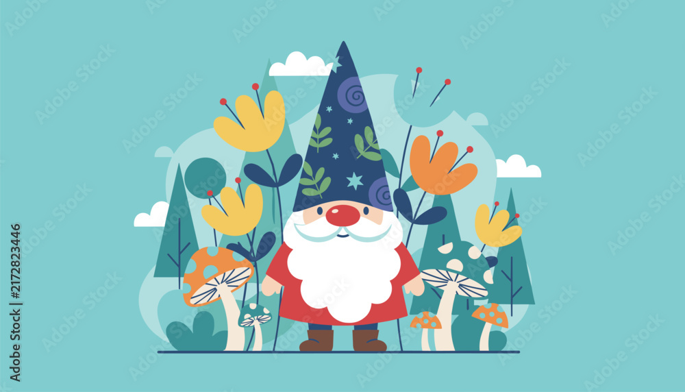 Fototapeta premium Cute garden gnome with a tall patterned hat standing among tall flowers and mushrooms in a whimsical forest setting.