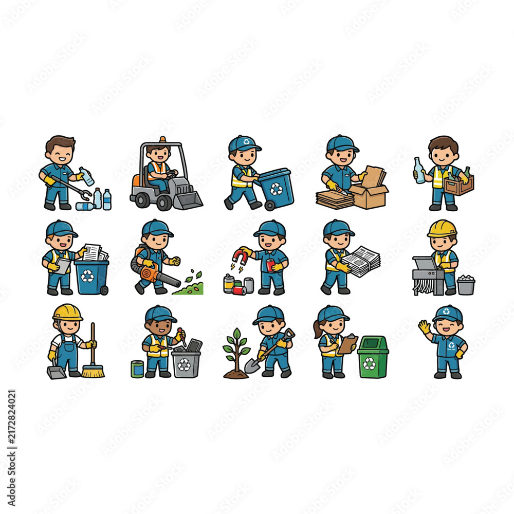 Fototapeta premium Waste Management Worker Character Set with Recycling, Cleaning and Garbage Collection Activities Vector Illustration