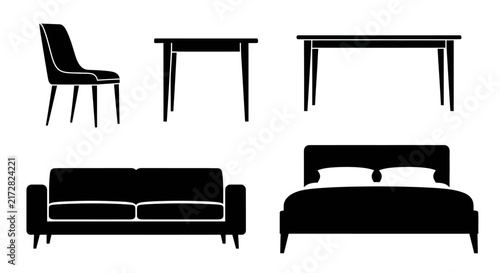 Modern furniture silhouettes for home decor with furniture white background black silhouettes minimalist interior chair table sofa icon with bed