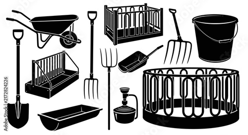 Collection of gardening tools with tools planters set gardening illustration wheelbarrow cultivation irrigation equipment pruning shovel with bucket