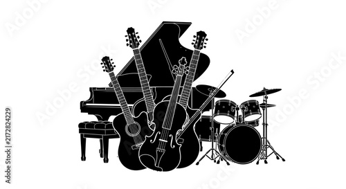 Musical instruments arranged together on white background with illustration various musical black white equipment acoustic guitar violin with piano