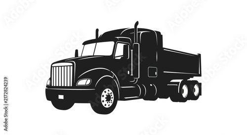 Black silhouette of a large dump truck on white background with truck against heavy duty construction illustration industrial transport with isolation