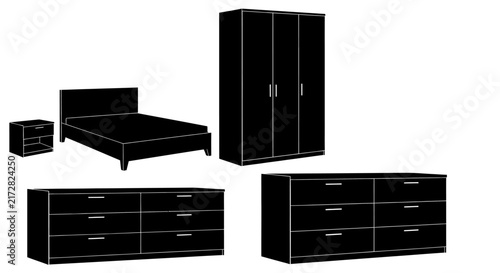 Black and white illustration of modern bedroom furniture set with including bed nightstand minimalist wardrobe interior dresser design decor
