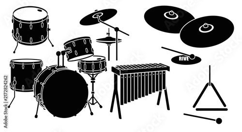 Black and white illustration of various musical instruments with drum set percussion xylophone triangle cymbals mallets drums