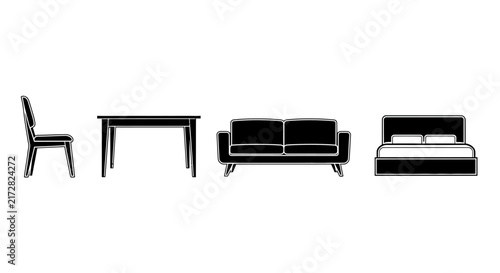 Simple black and white illustration of four furniture pieces with pieces chair table table couch line art interior outline design decor with home