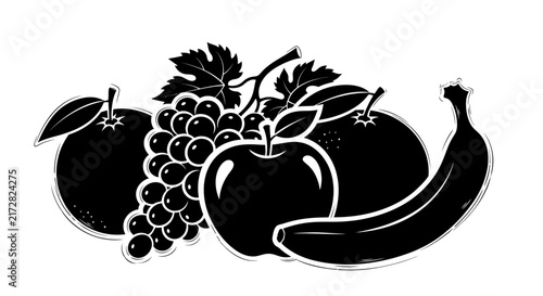 Black and white illustration of fruit bunch with nutrition healthy graphic banana grapes symbol apple food icon