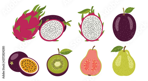 Colorful illustration of exotic fruits on white background with vibrant illustration various fruits including dragon dragon fruit passion figs pears arranged