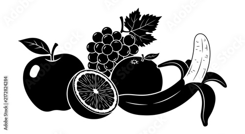 Black and white illustration of assorted fruit with nutrition healthy produce drawing graphic banana orange eating apple grape food with art