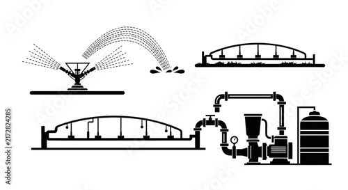 Irrigation system with bridge with white illustration irrigation bridge sprinkler black white infrastructure agriculture engineering industrial